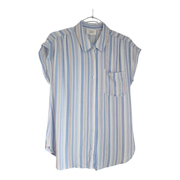 Olive + Oak Tops - Olive & Oak Womens Small Button Down Vertical Stripes Blue White Cap Sleeves